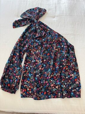 J. Crew Multicolor Star Print One Shoulder Blouse with Bow Independence Day